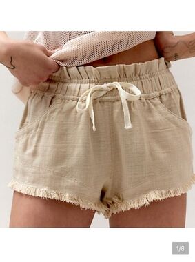 BDG Beige Drawstring Fringe Hem Athletic Shorts